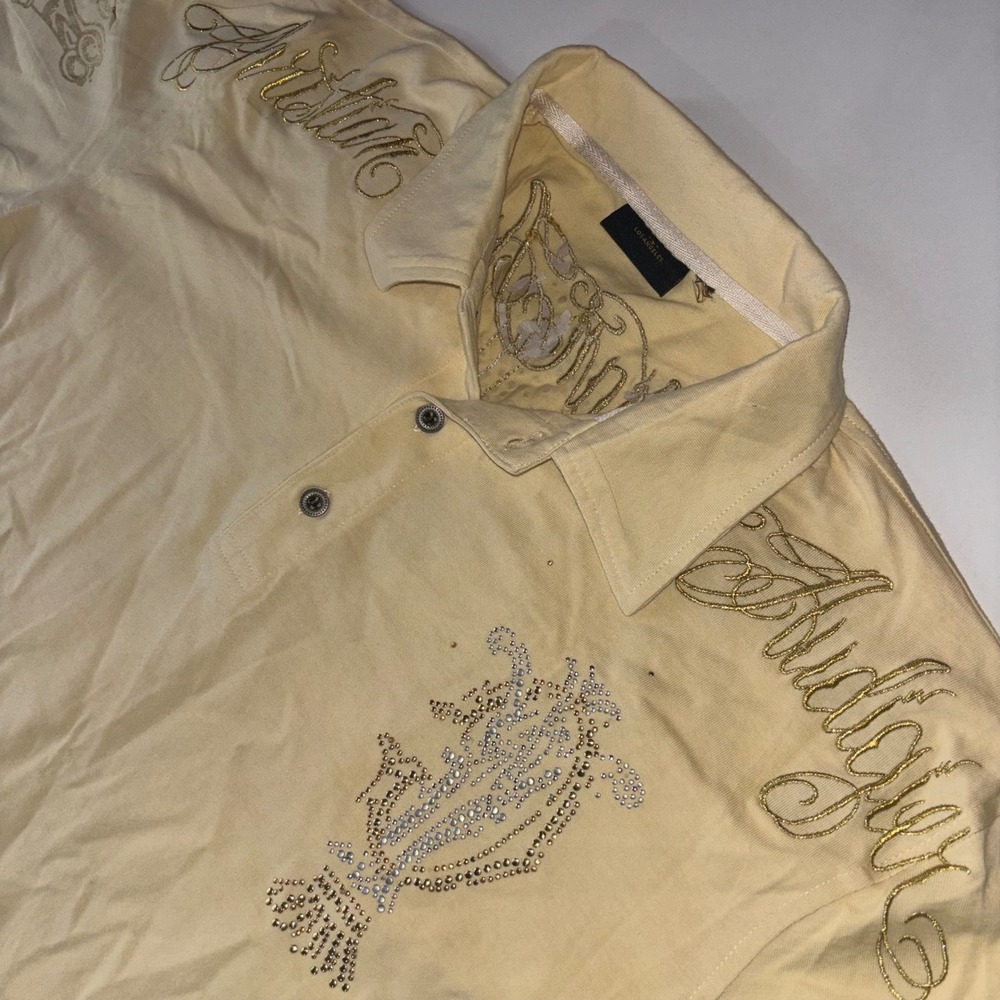 Christian Audigier Polo Shirt Rhinestone Embroidered Graphic Beige Men's Large